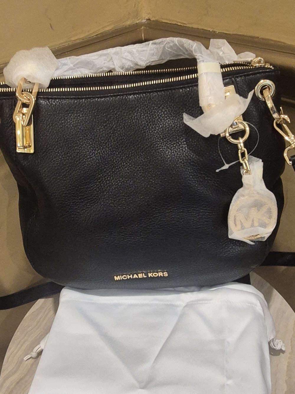 Michael Kors Black Pebbled Leather Shoulder Tote with Gold Hardware